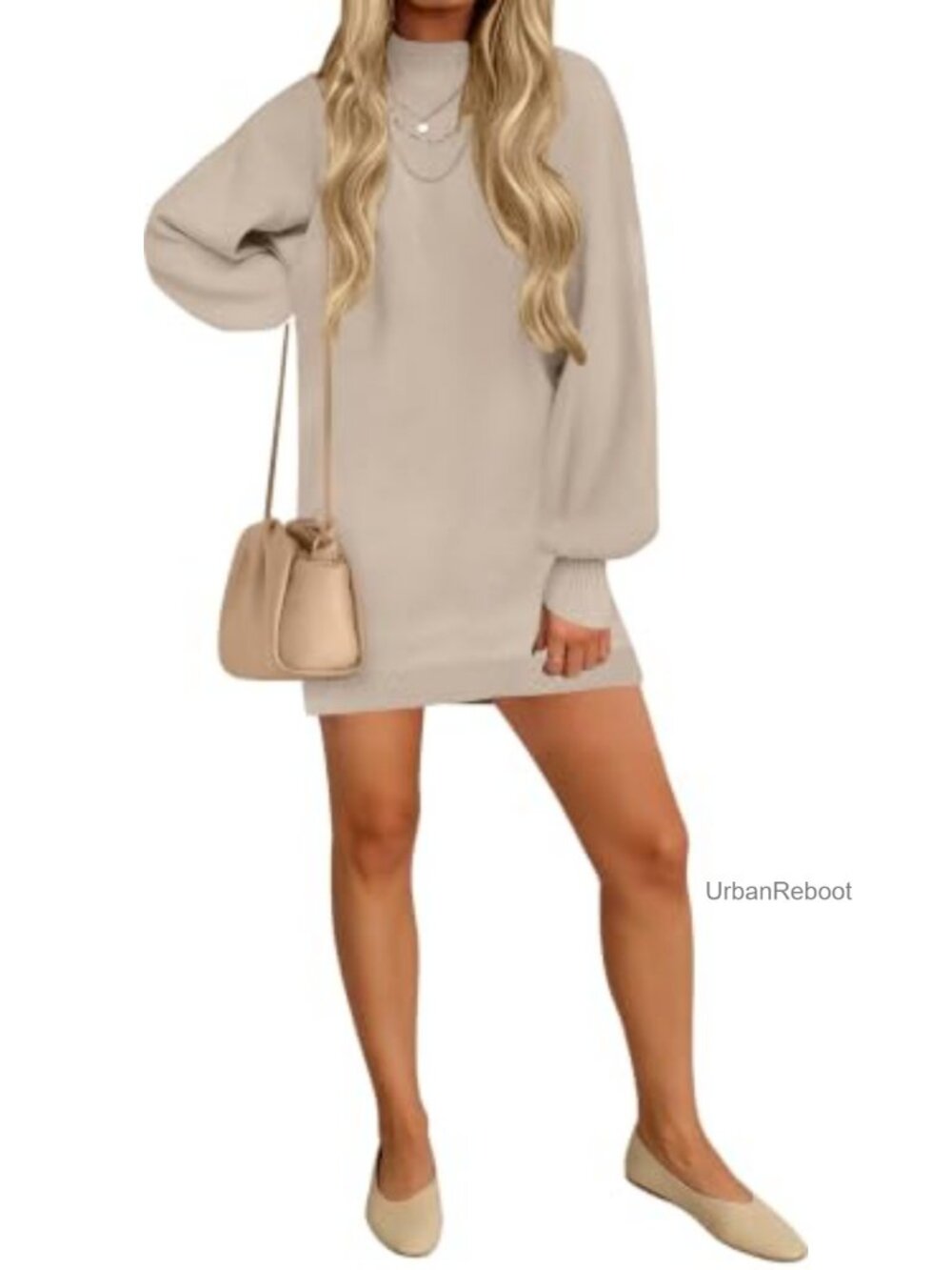Mock Neck Mini Sweater Dress Ribbed Knit Lantern Sleeve Pullover
